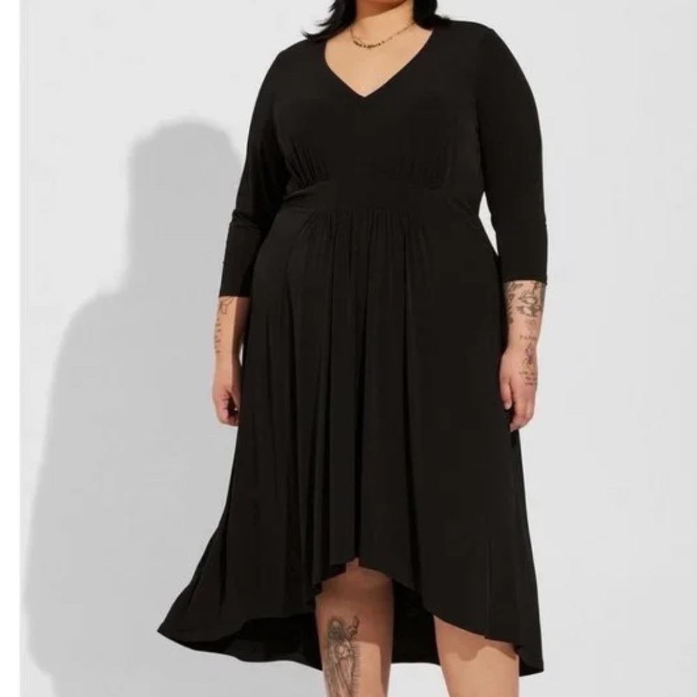 Torrid Womens Black V-Neck 3/4 Sleeve High-Low Empire Waist Dress Plus Size 2
